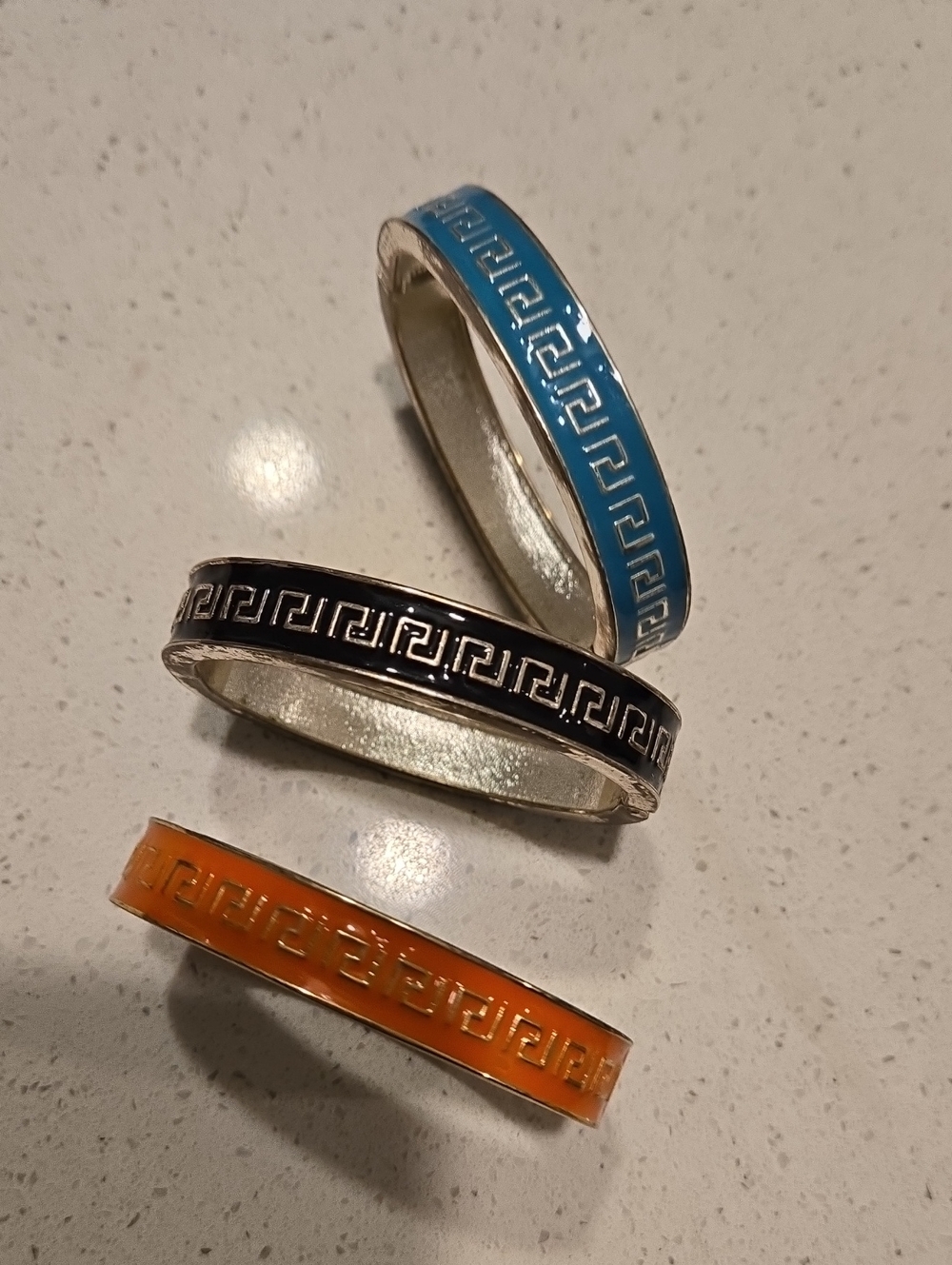 3 Enamel Greek Design Key Bangle Bracelet - Blue, Black, Orange